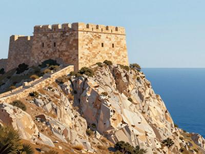 AI-generated illustration of Lindos Acropolis at Sunset