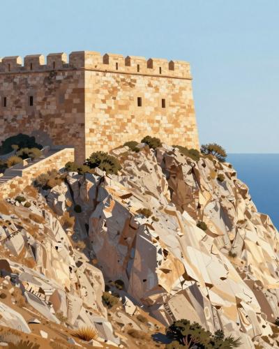 AI-generated illustration of Lindos Acropolis at Sunset
