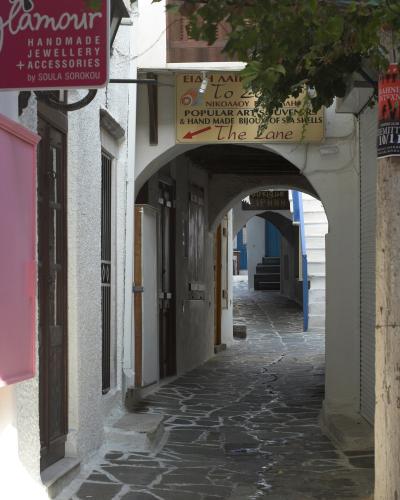 A narrow, stone-paved alleyway in a Greek town featuring whitewashed walls, an archway, and shop signs including one for "Glamour Handmade Jewellery" and another for "The Lane" souvenir shop with Greek text.