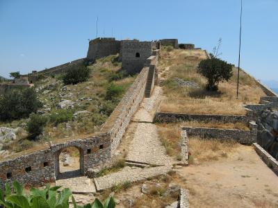 Walls and bastions of the Palamidi Fortress on its hilltop above Nafplio