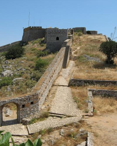 Walls and bastions of the Palamidi Fortress on its hilltop above Nafplio