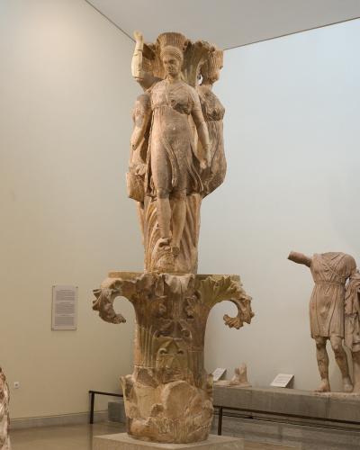 The Acanthus Column (Dancers of Delphi) on display in the Archaeological Museum of Delphi