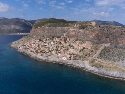 Aerial view of the Monemvasia rock with its fortified upper town