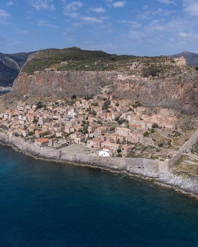 Aerial view of the Monemvasia rock with its fortified upper town