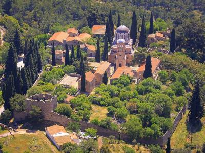 Aerial view of the Nea Moni monastery complex among cypress trees on Chios