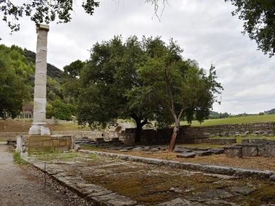 The image shows ancient stone ruins, including a reconstructed Doric column on a base, low stone walls, and a paved path, set within a grassy landscape with trees and a hillside in the background.