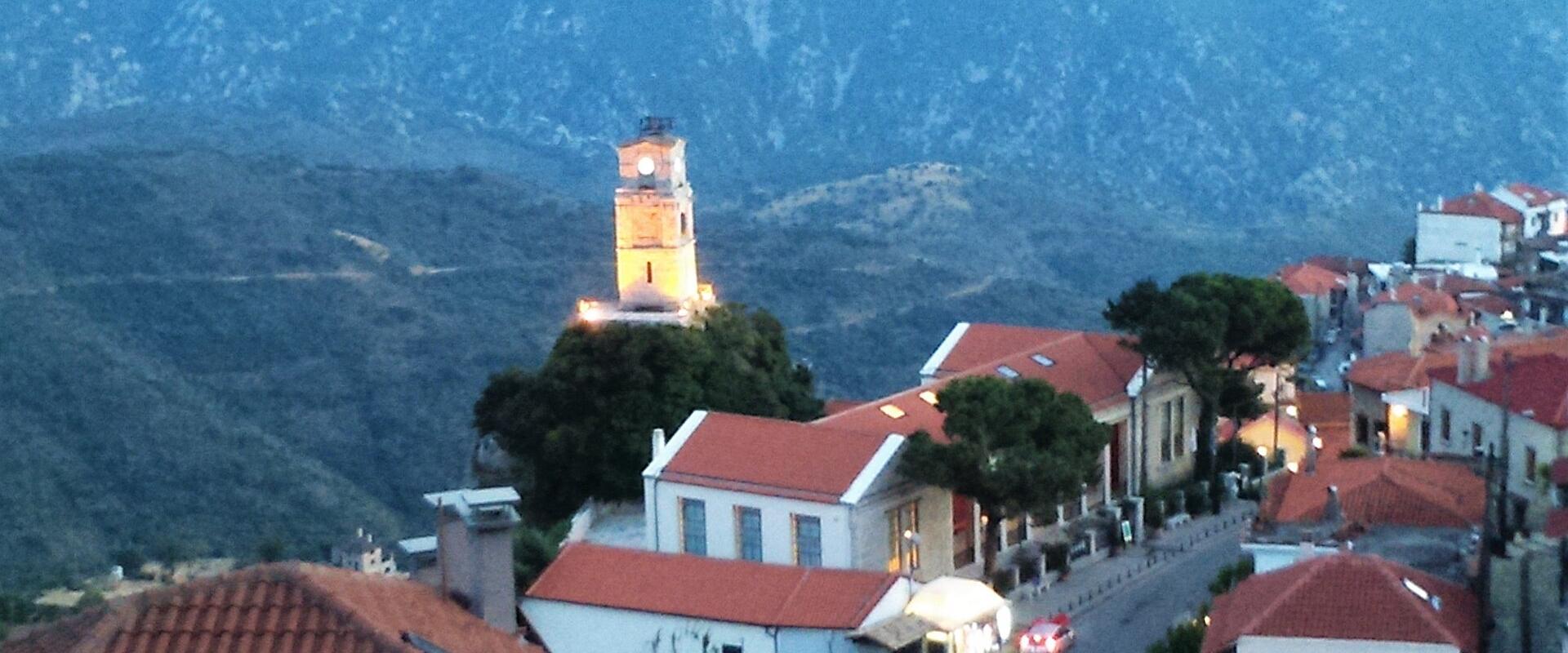 Arachova village with its church bell tower on Parnassos