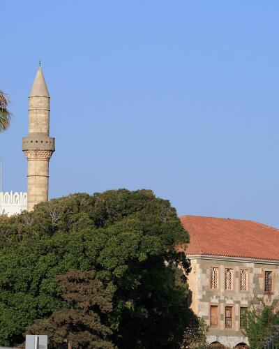 A stone minaret with a conical cap and a large building with a red-tiled roof are visible behind dense green trees and palm trees under a clear blue sky.
