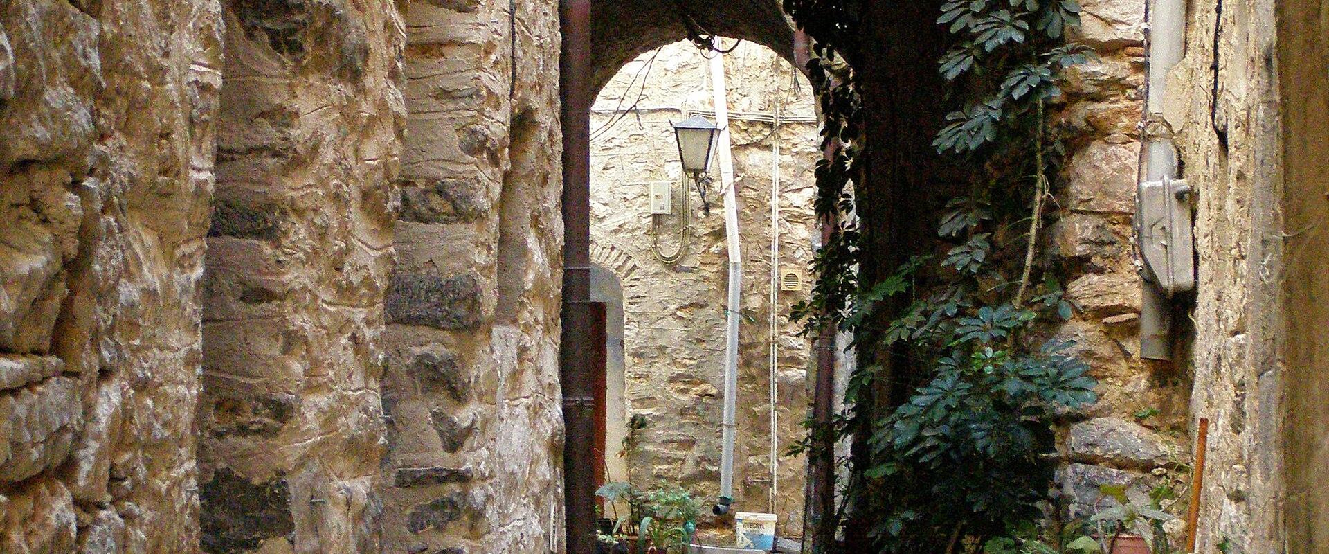 A narrow, stone-paved alleyway in a historic village, featuring rough-hewn stone walls, arched passageways, and potted plants.