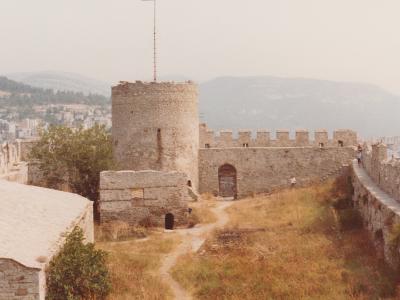 Kavala Castle tower and walls above the city, by Kastro Park