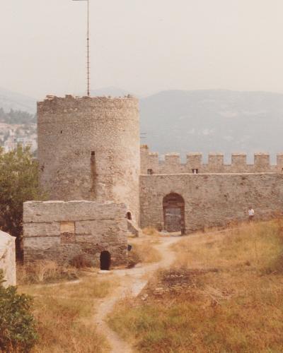 Kavala Castle tower and walls above the city, by Kastro Park
