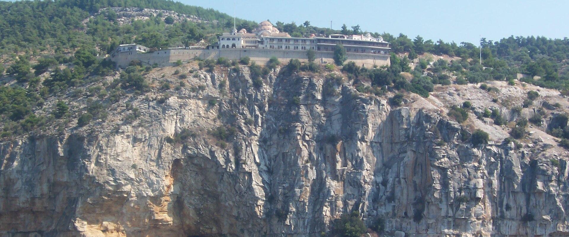 The Monastery of Archangel Michael perched on cliffs above the sea on Thassos