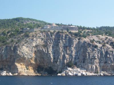 The Monastery of Archangel Michael perched on cliffs above the sea on Thassos