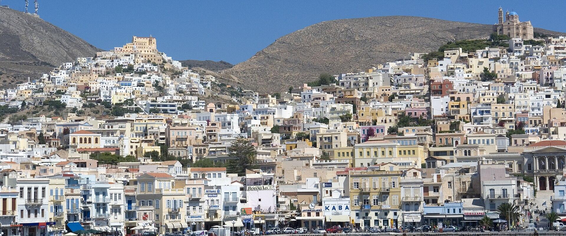 Ermoupoli seen from the sea, climbing up towards Ano Syros