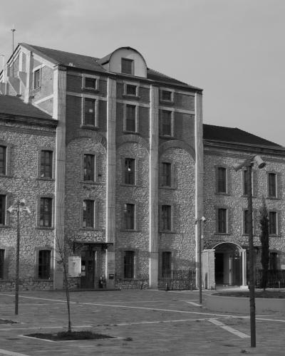 A large, multi-story stone building with a central brick facade section and arched window details, situated in a paved public square with young trees and lampposts.