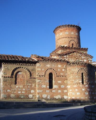 The Byzantine church of Panagia Koumbelidiki with its tall drum dome in Kastoria