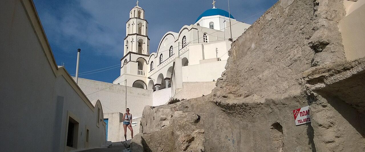 Lane and church in Pyrgos village, Santorini