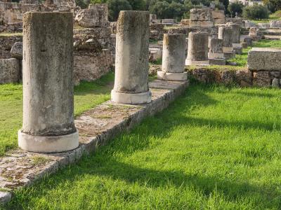 A row of weathered stone column drums and bases set in a grassy field with ancient stone walls and ruins in the background.