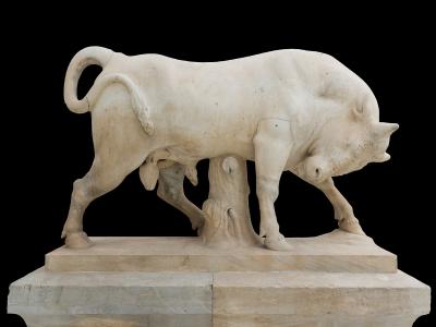 A marble sculpture of a bull rubbing its horns against a tree trunk, displayed on a stone plinth against a black background.