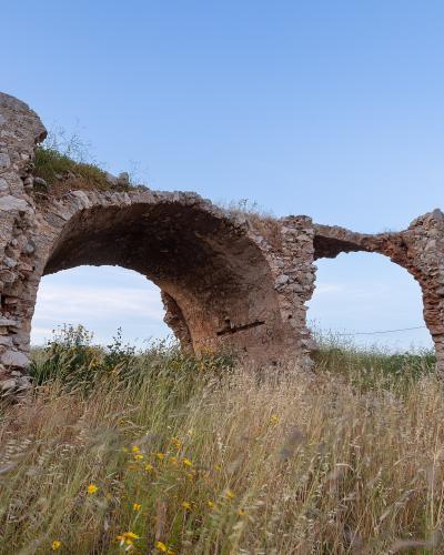 The image shows the stone ruins of an arched structure, likely part of a castle or fortification, set against a blue sky with tall grass and wildflowers in the foreground.