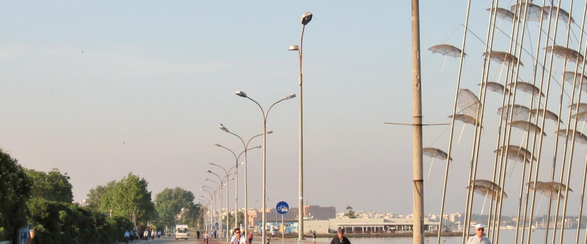 The Nea Paralia promenade in Thessaloniki with George Zongolopoulos' Umbrellas sculpture