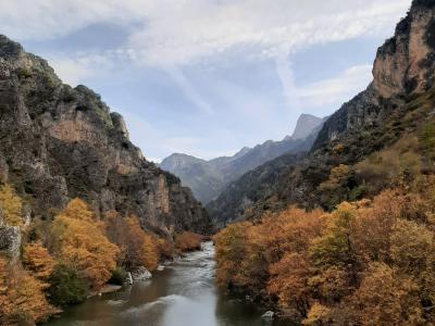 The Aoös river flowing between autumn-coloured forested cliffs, seen from the Konitsa bridge