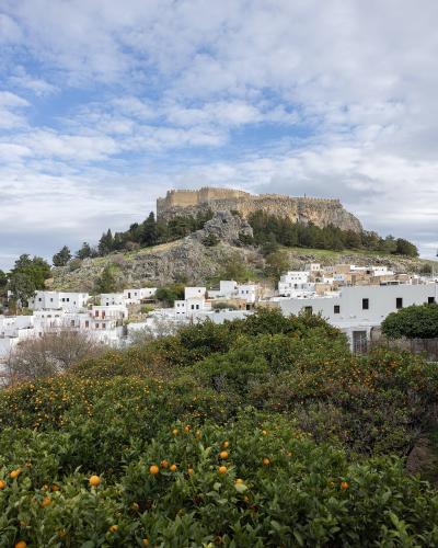 A view of a fortified acropolis on a rocky hill overlooking white buildings and an orange grove in the foreground.