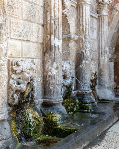 A close-up view of the lower section of a historic stone fountain featuring fluted columns and sculpted lion heads spouting water into a moss-covered basin.