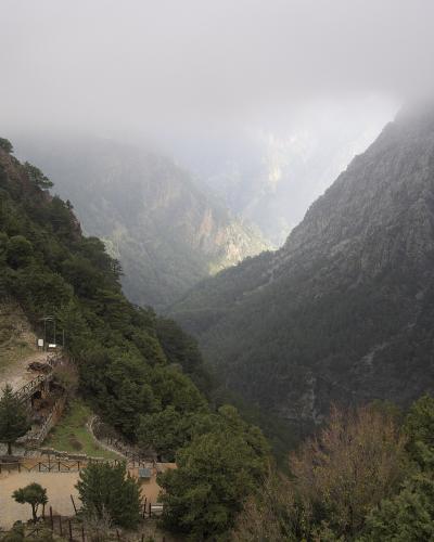 A misty, high-angle view of a deep, steep-sided gorge with a wooden walkway and viewing platform on the left slope, surrounded by pine trees and rugged cliffs.