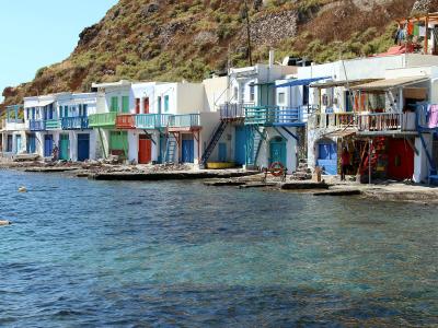 Colourful syrmata boathouses of Klima at the water’s edge on Milos