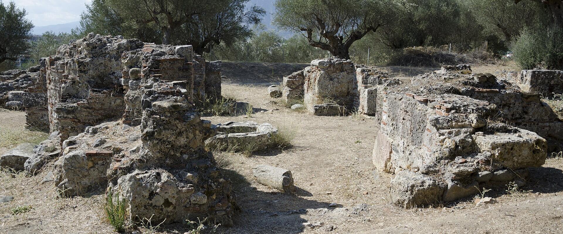 A view of low stone ruins and scattered masonry blocks in a dry, grassy field with olive trees and mountains in the background.