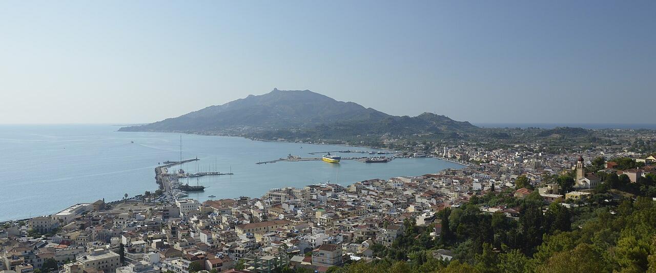Zakynthos town and its harbour seen from the hills of Bochali