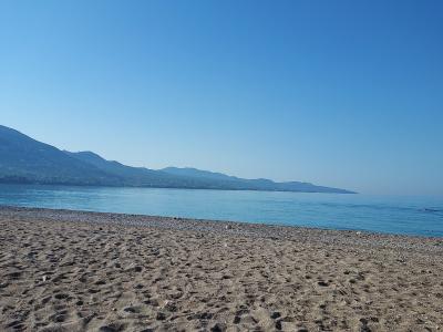 Pebble beach of Kalamata with the Taygetos mountains beyond