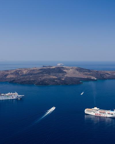 The volcanic island of Nea Kameni in the Santorini caldera