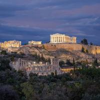 The Acropolis and Parthenon lit up at dusk