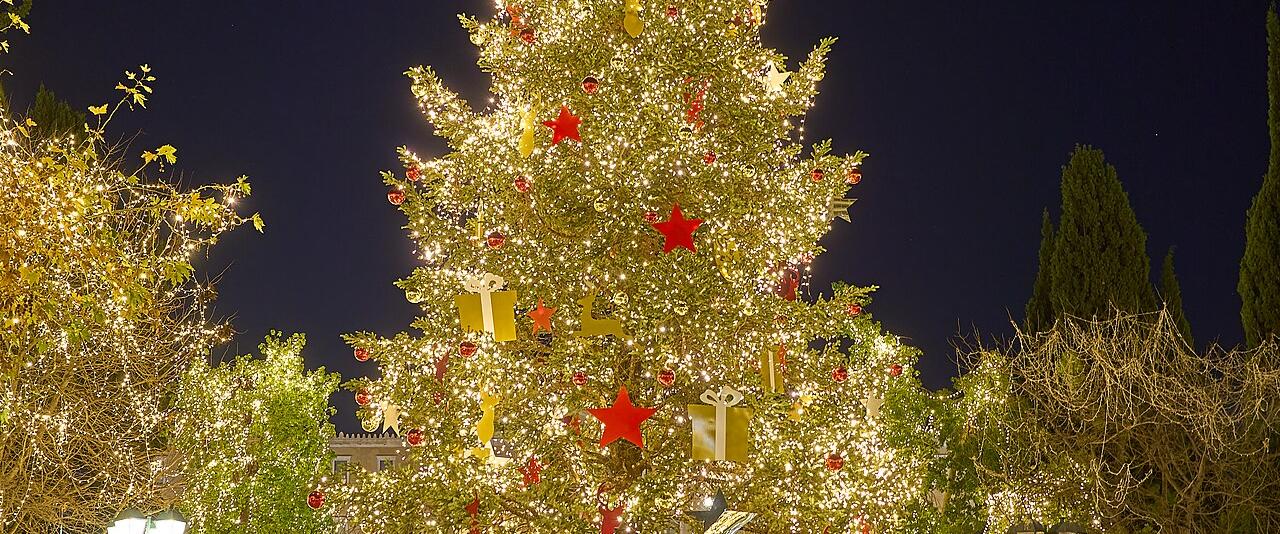 The lit Christmas tree on Syntagma Square in Athens at night