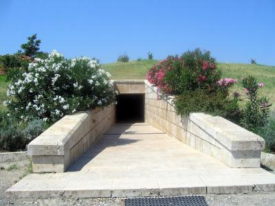 Entrance to the Royal Tombs museum at Aigai (Vergina) set into the Great Tumulus