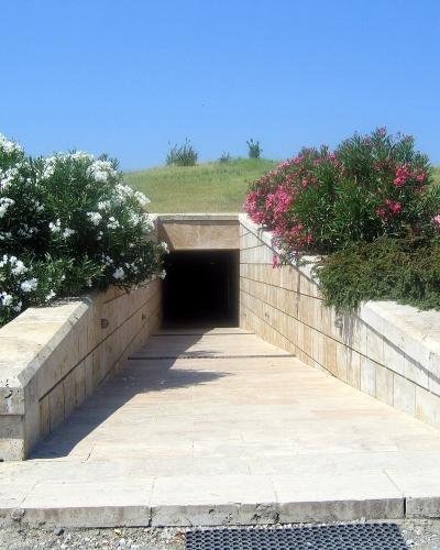 Entrance to the Royal Tombs museum at Aigai (Vergina) set into the Great Tumulus